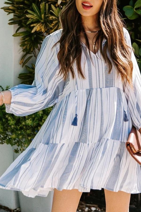 V-neck Striped Tassels Loose Mini Dress P16367