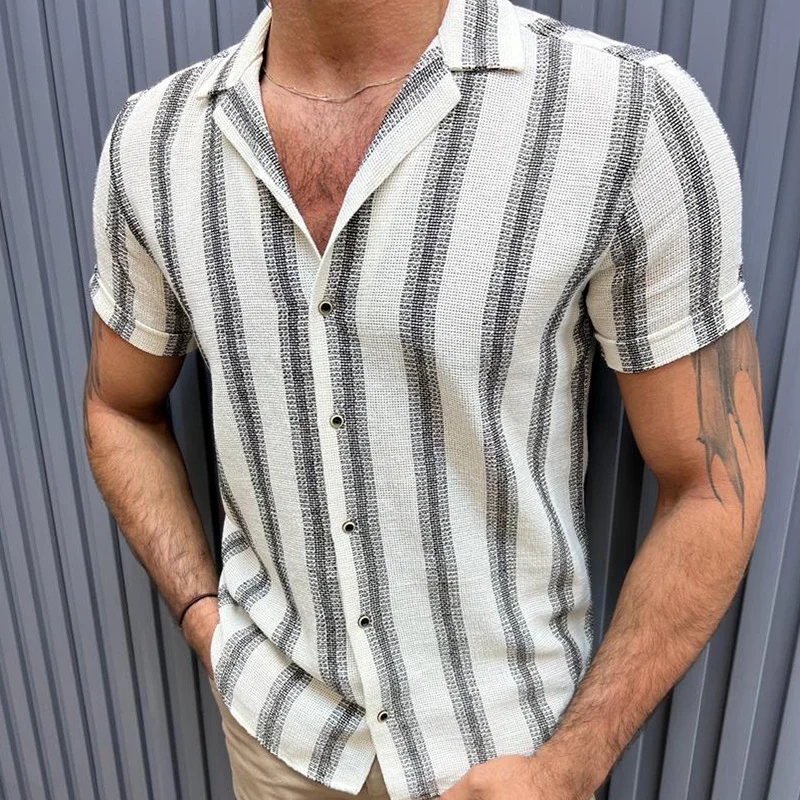 Linen Men's Lapel Casual Striped Short Sleeve Shirt