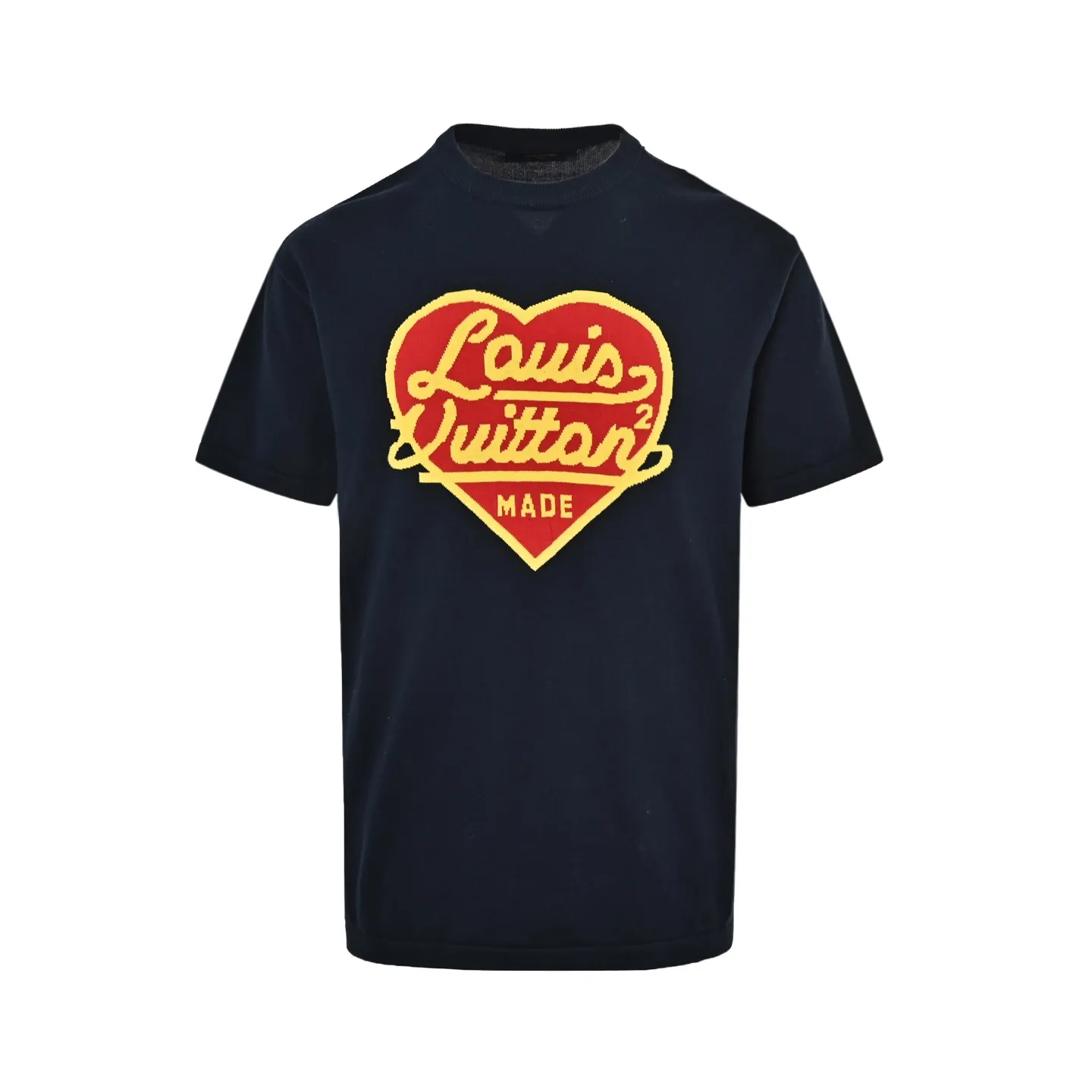 Front view of navy t-shirt with heart print