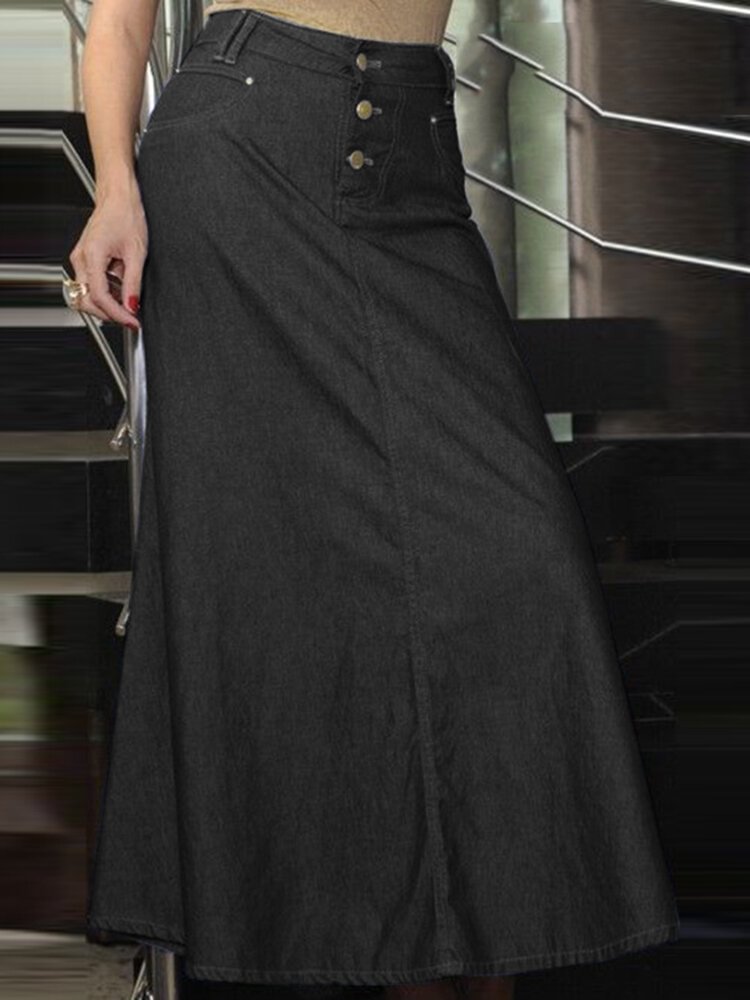 Leisure Button Casual Denim Maxi Skirt