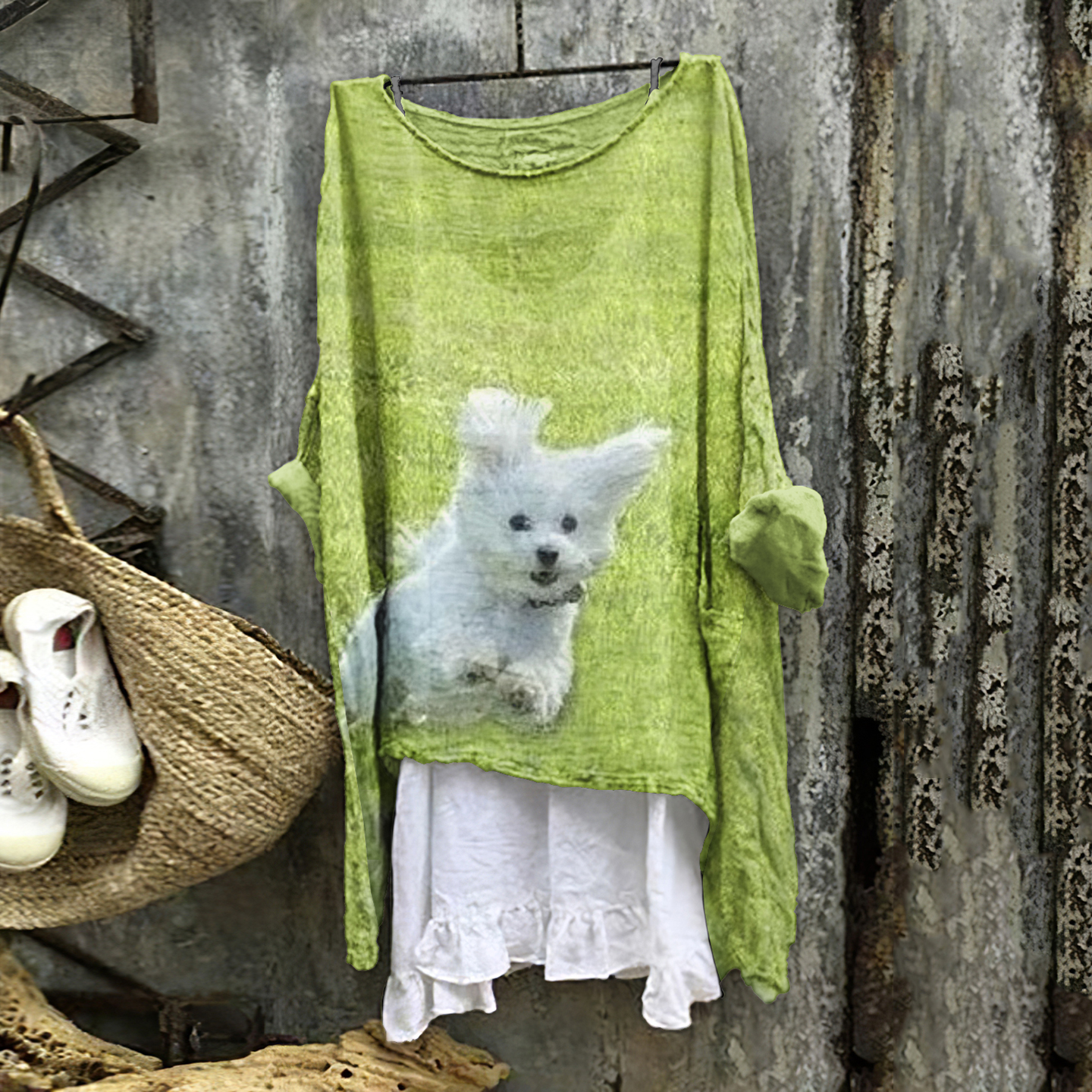Happy Puppy Running On The Grass Art Linen Flowy Tunic