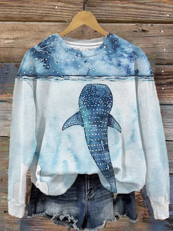 Women's Dotted Whale Shark Watercolor Ocean Print Sweatshirt