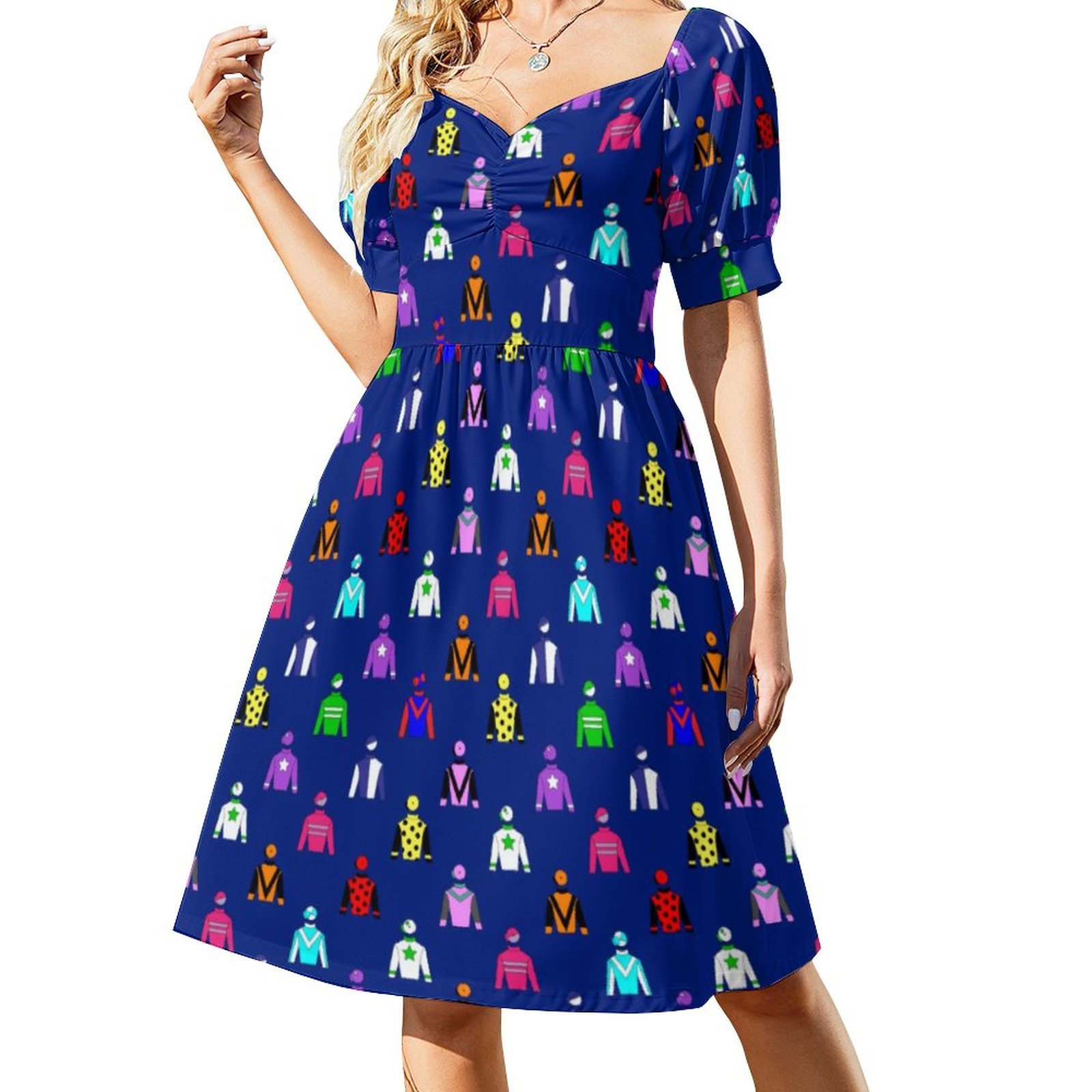 jockey silks dress SFNEEWHO Jockey Silks Horse Racing Pattern Navy Blue Dress Women Boho High  Waist Flared Puff Sleeve Cute Sweetheart Midi Dress