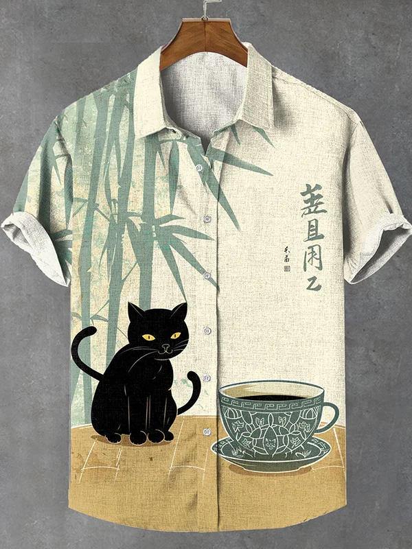 Men's Zen Black Cat Bamboo Tea Ink Painting Print Linen Blend Shirt