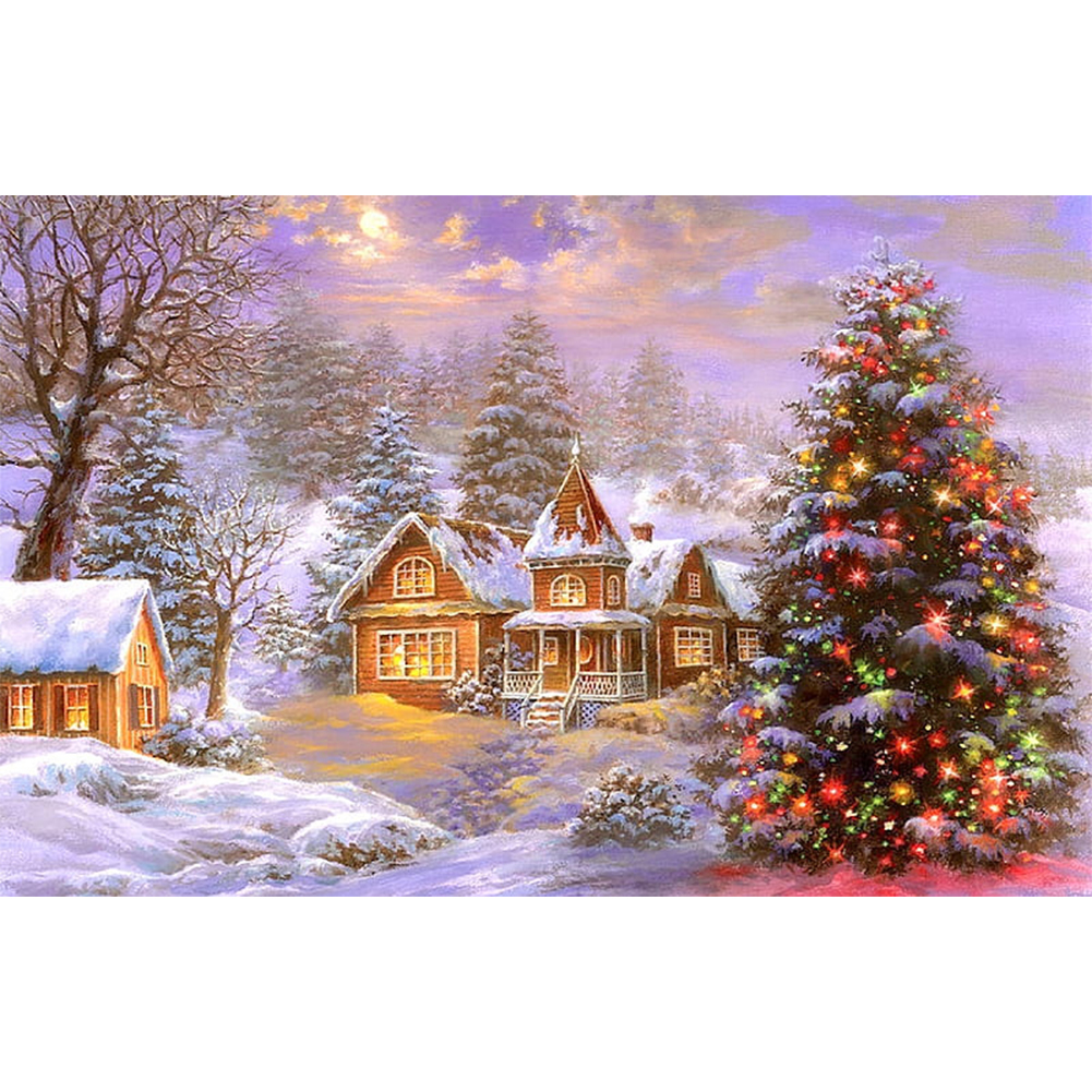 Peinture au diamant - rond complet - arbre de Noël ville de neige (70 *  45cm)
