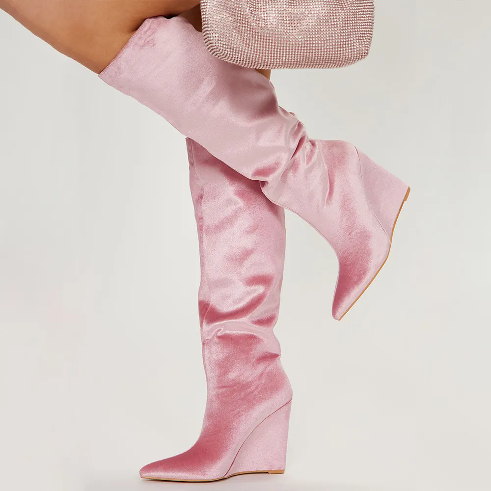 Pink Velet Closed Pointed Toe Knee High Winter Boots With Wedge Heels