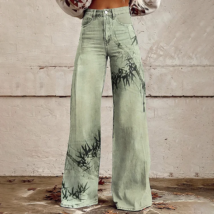 Comstylish Vintage Bamboo Ink Painting Art Casual Wide Leg Jeans