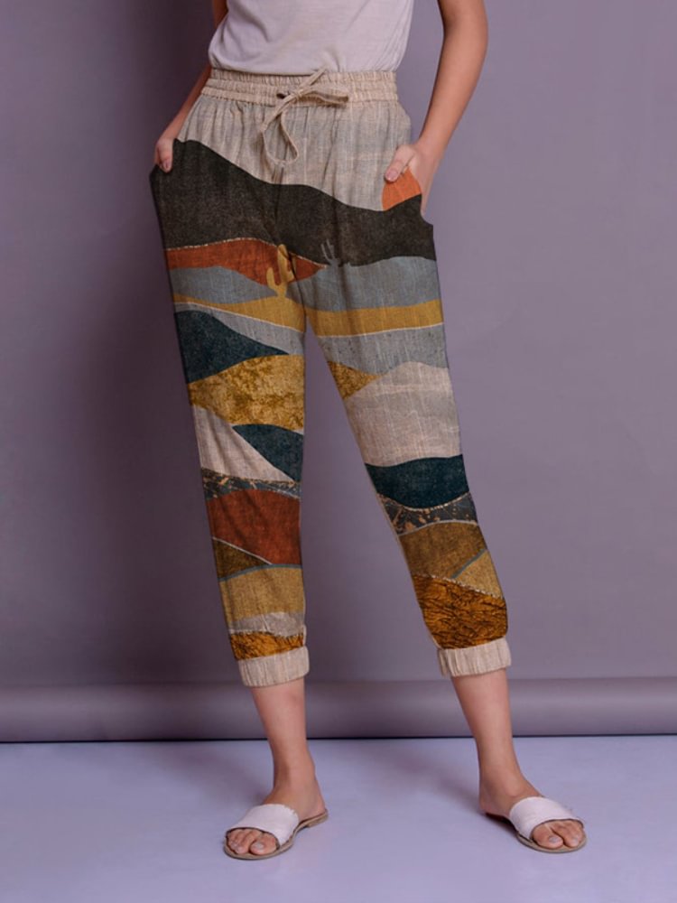 Abstract Landscape Art Series Printed Lace-Up Casual Pants