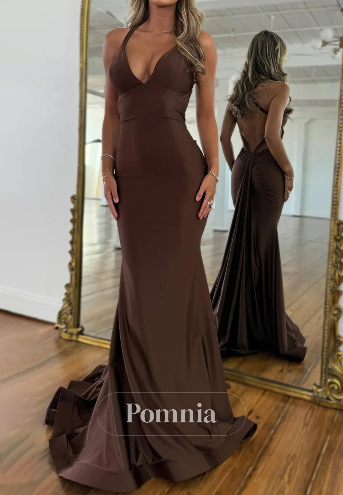 mermaid brown prom dress Molly Green Mermaid Deep V-Neck Beaded Satin Long Prom Dress Brown / 10
