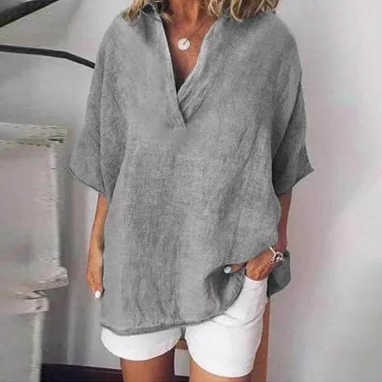Casual V Neck Mid Sleeve Linen Shirt