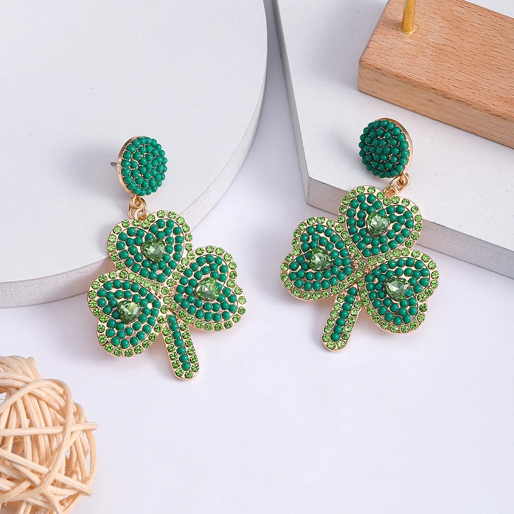 Women's Elegant Clover Beaded Rhinestone Green Earrings