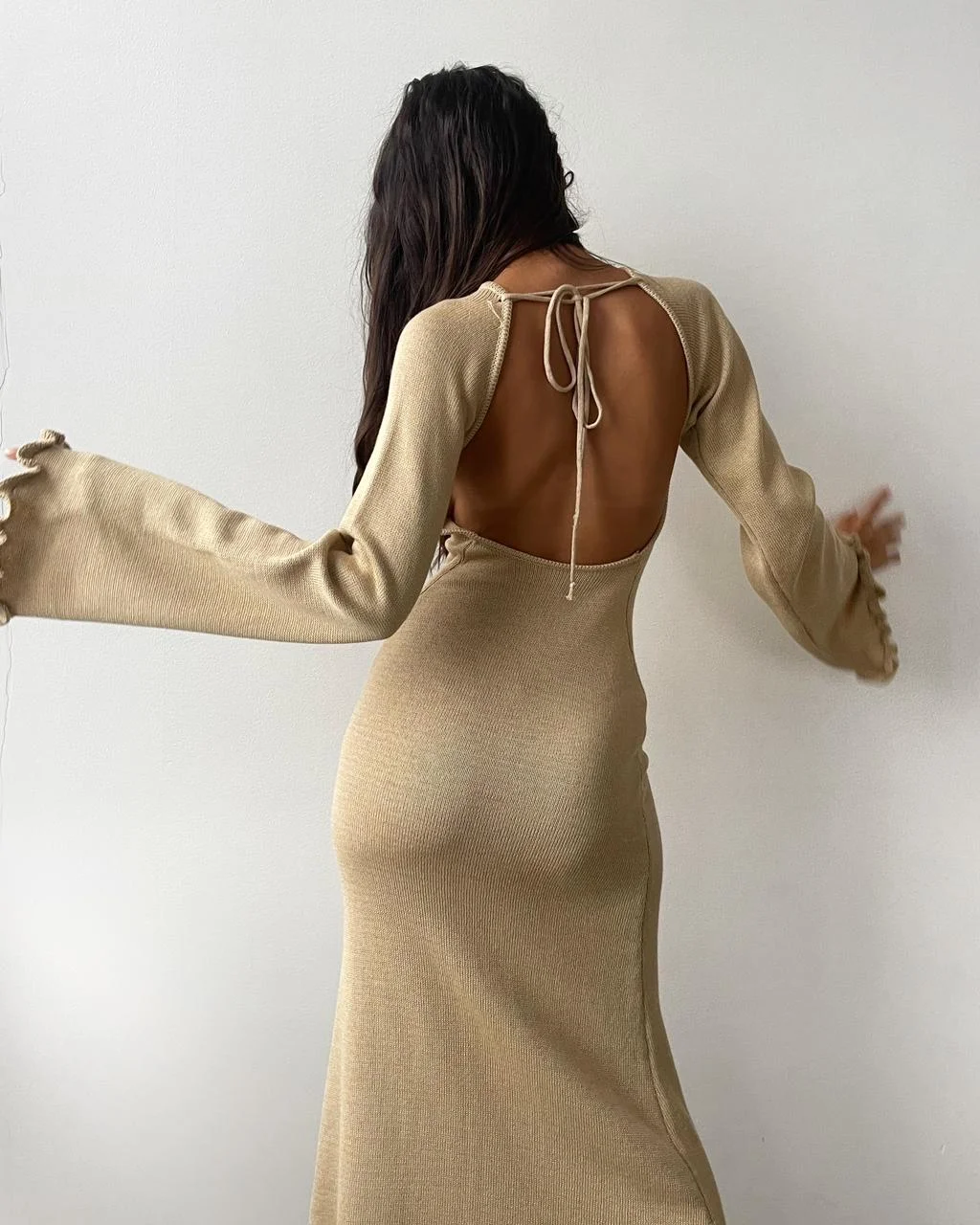 Uforever21 2023 Autumn New Fall Outfits Knitted Backless Maxi Dress Women Flare Long Sleeve Solid Holiday Beach Dresses Casual O-neck Evening Party Night Club Vestidos