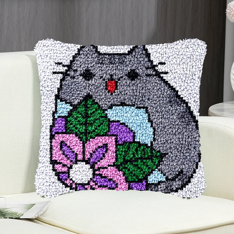 Gray Cartoon Cat Pillowcase Latch Hook Kit for Adult, Beginner and Kid veirousa