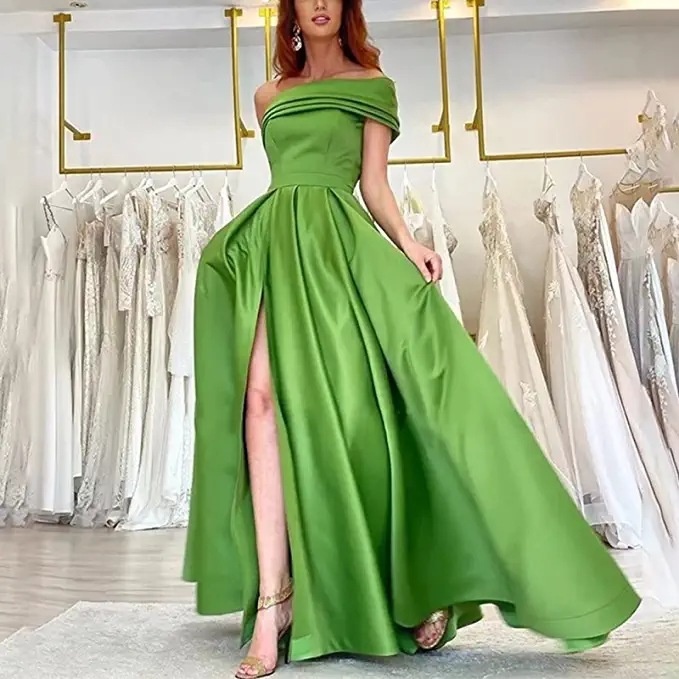 Sexy Lady Party Slit Grown One Shoulder Satin Prom Evening Maxi Prom Dress