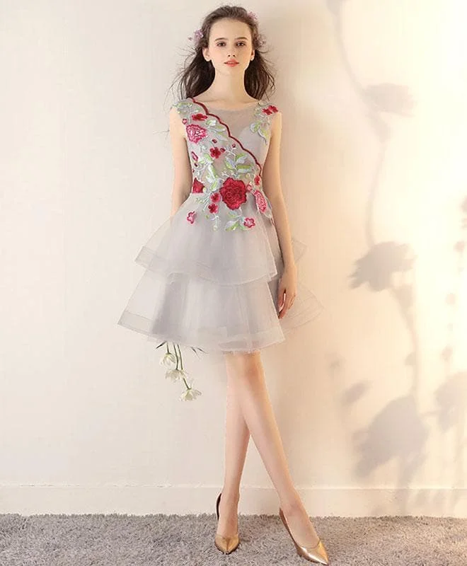 Gray Tulle Applique Short Prom Dress, Gray Homecoming Dress