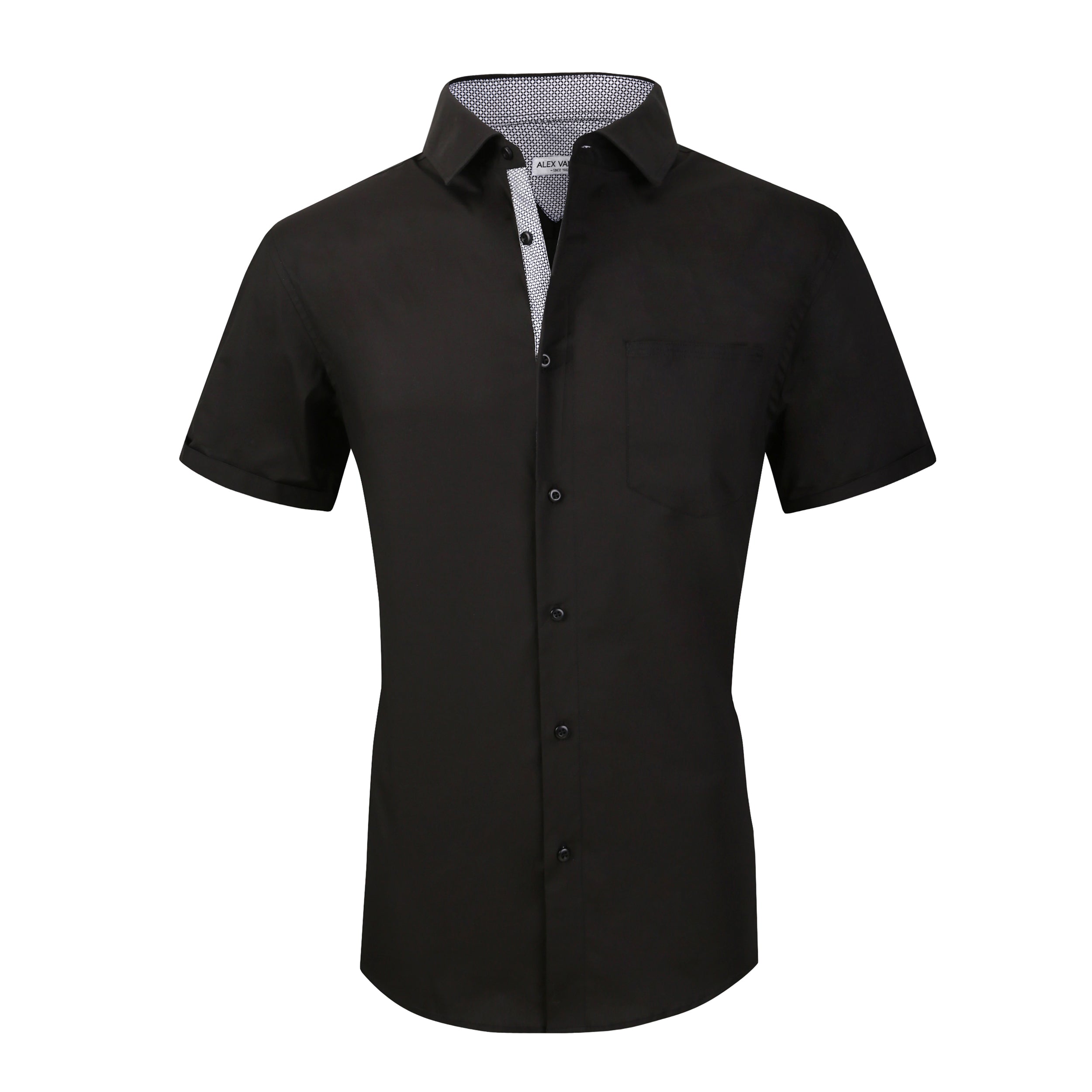 Batch Shirts Men's Short Sleeve Casual Button Down Shirt in Jet Black Stretch Cotton Medium - Tall