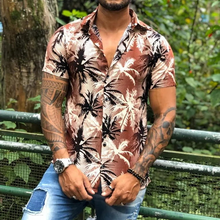 Fashion Coconut Tree Print Casual Men's Shirt