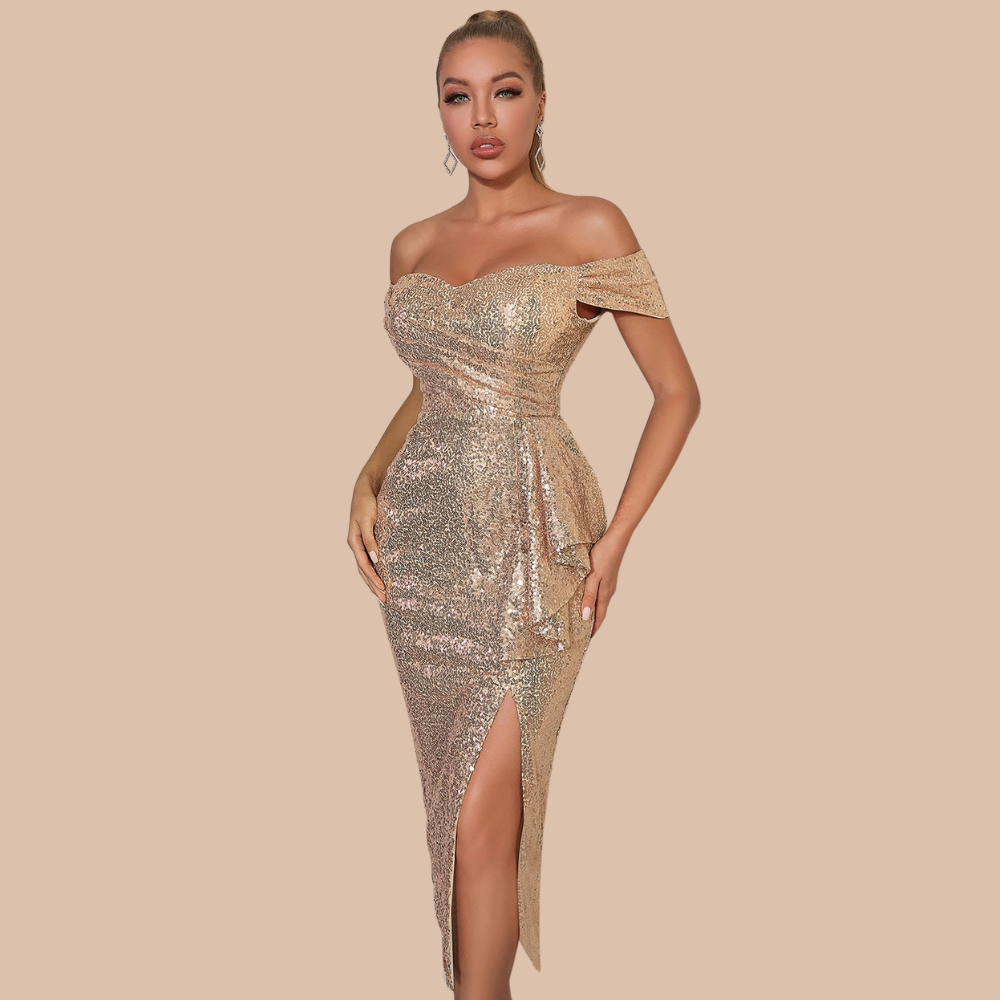 Athena Off Shoulder Gold Sequin Dress 0196