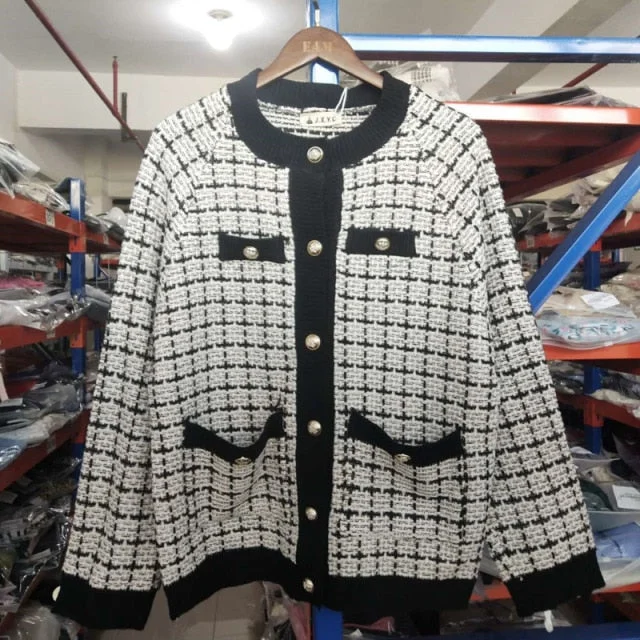 Long Sleeve Single Breasted Plaid Cardigan Knitted Sweater BE185