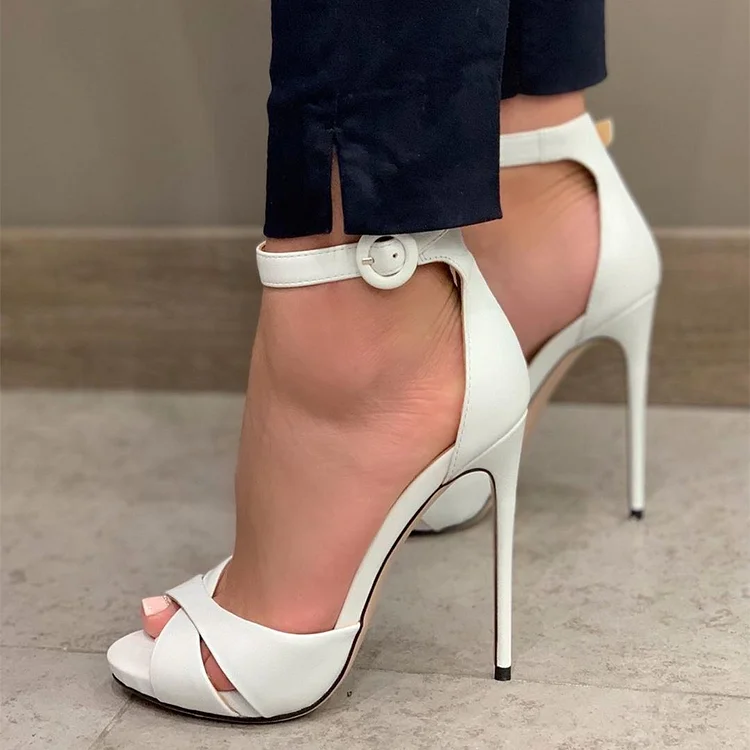 FSJ White Peep Toe Stiletto Heels Ankle Strap Platform Sandals |FSJ Shoes