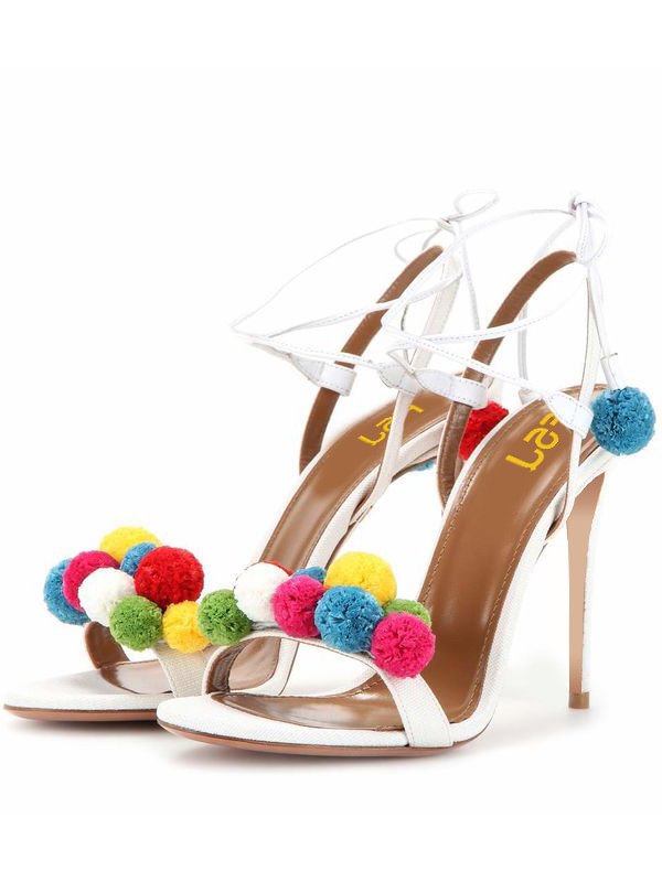 White Pom Pom Shoes Strappy Stiletto Heel Sandals for Wedding |FSJ Shoes