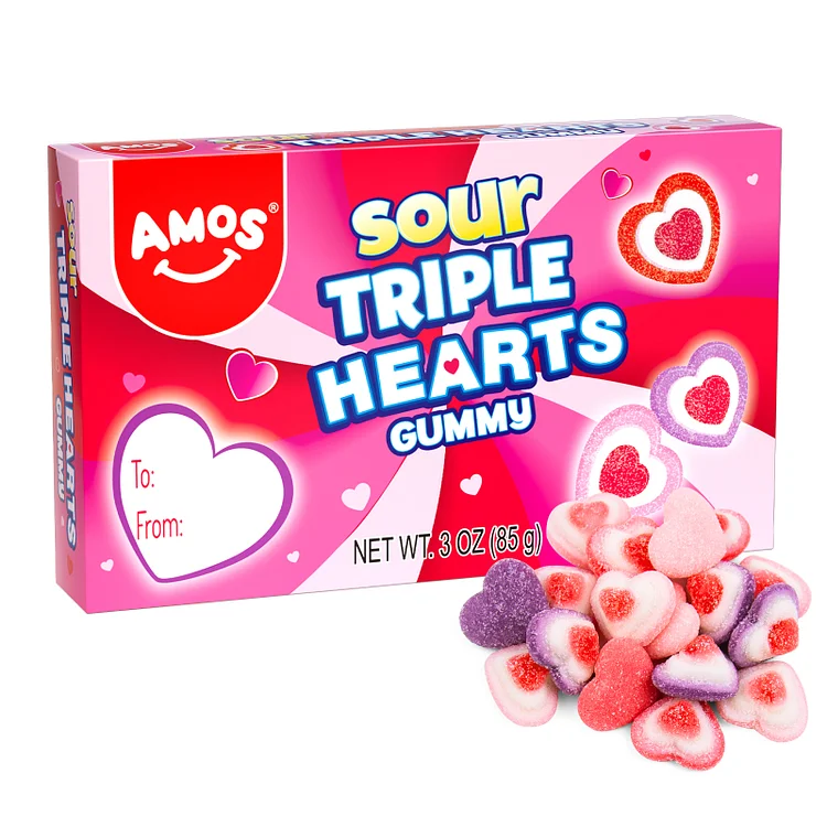 [NEW RELEASE] Amos Valentine's Candy 4D Gummy Triple Hearts, Sweet & Sour Fruit Gummy Snacks, 3oz Pack