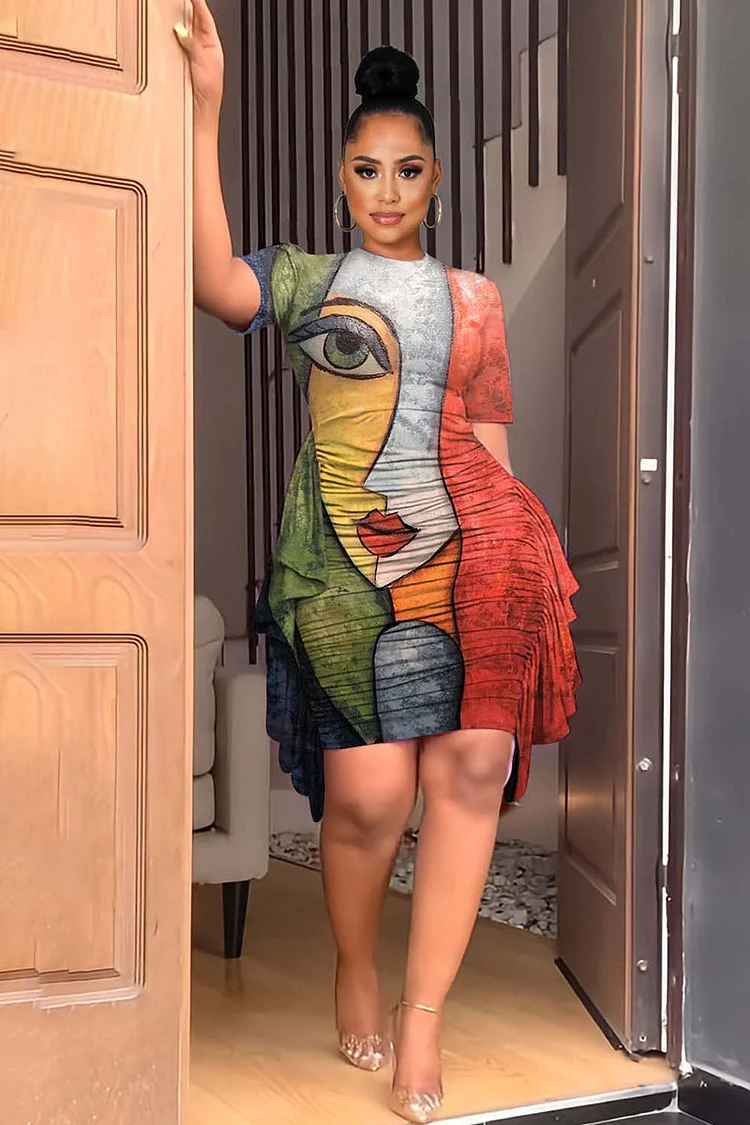 Abstract Face Print Ruched Side Ruffle Mini Dresses