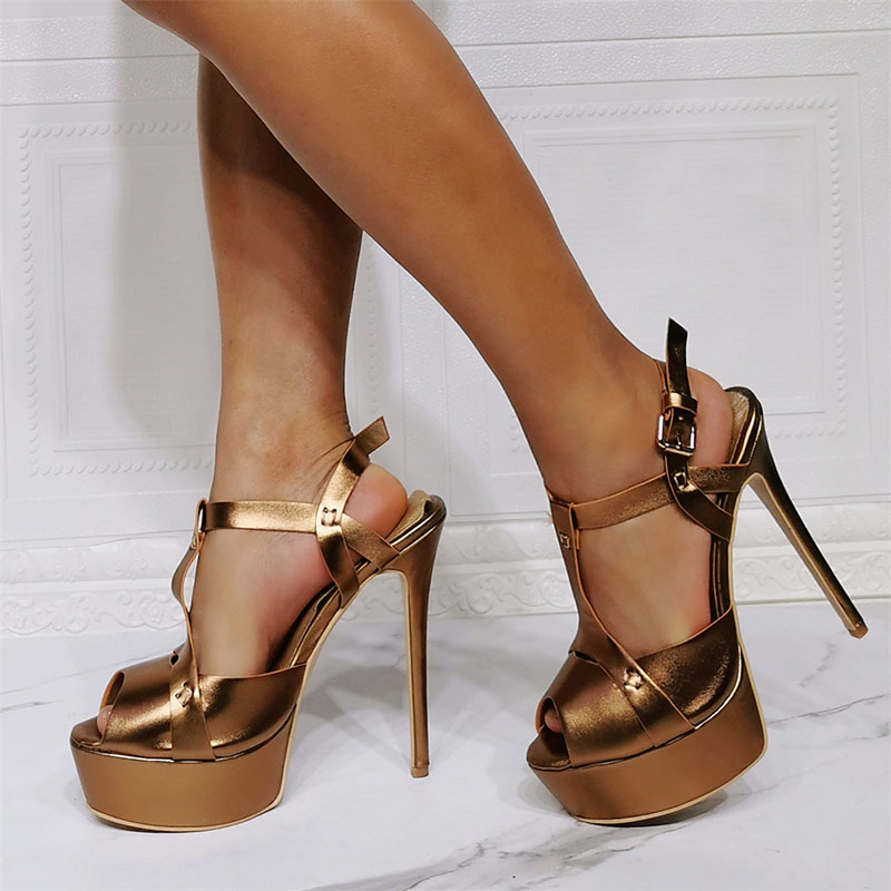 Unique Vintage Metallic Gold Peep Toe Platform Heels