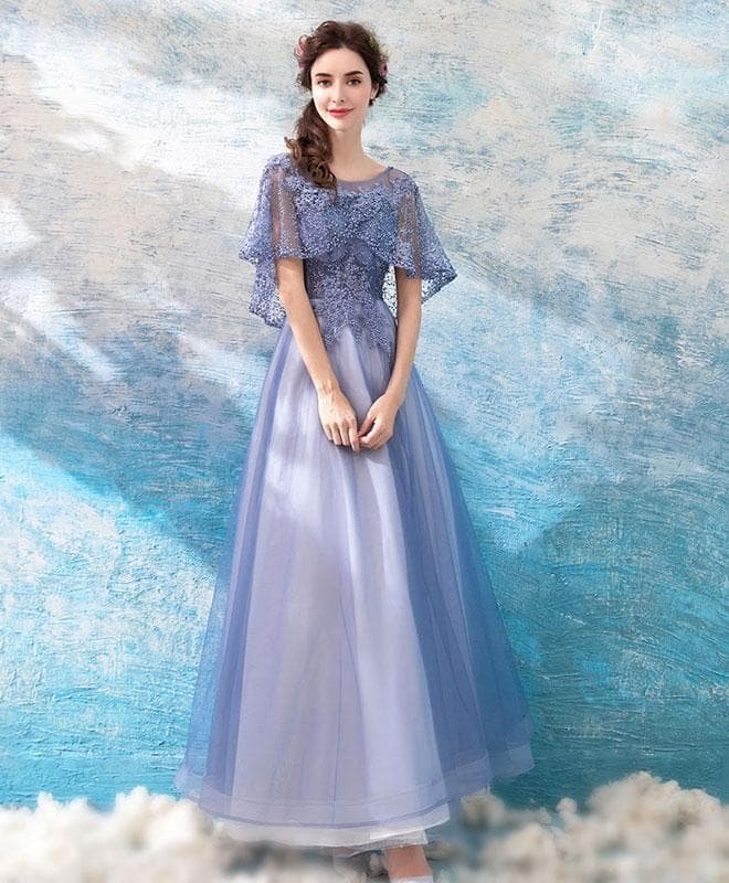 Purple Round Neck Tulle Lace Long Prom Dress, Purple Evening Dress