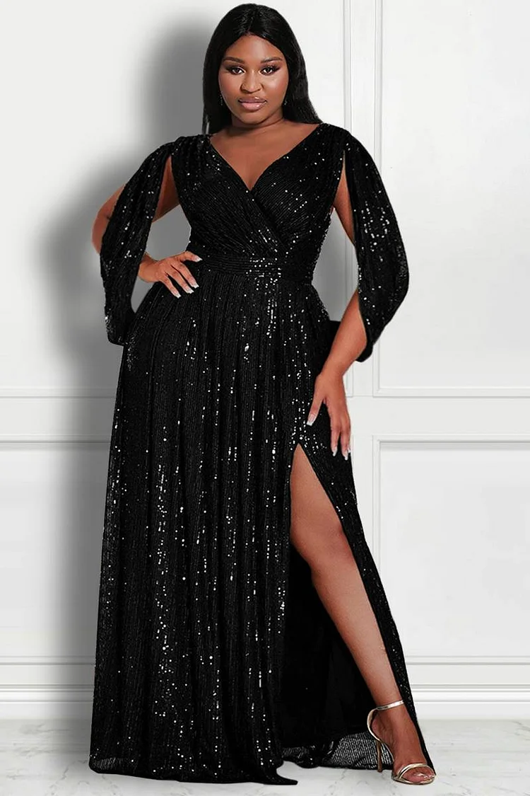 Xpluswear Design Plus Size Black Formal Sequin High Slit Maxi Dresses 