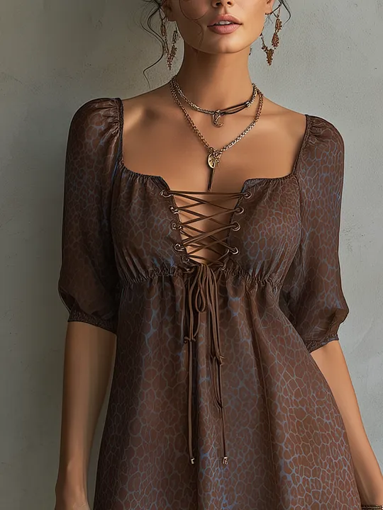 Brown Leopard Print Chiffon Mini Dress With Lace-Up Drawstring Front