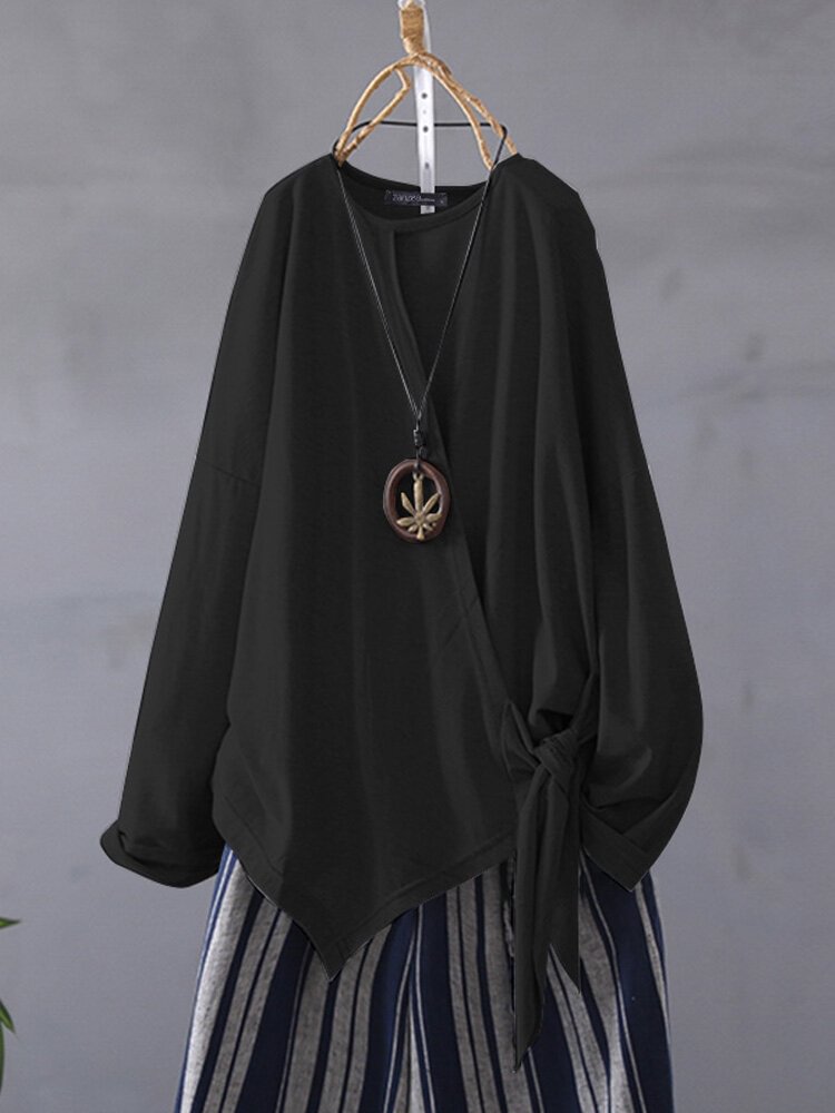 Solid Color O neck Lace Up Asymmetrical Long Sleeve Shirt P1568625
