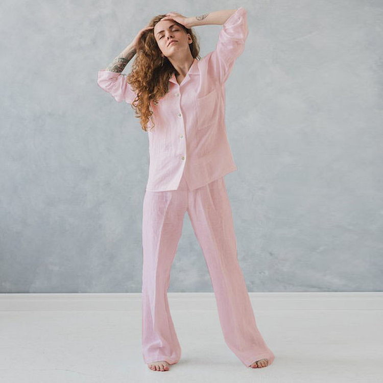 Washable Long-sleeve Button Linen Pajama Set-ChouChouHome