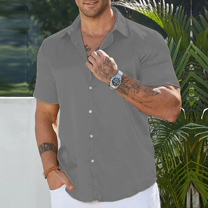 Linen Large Men's Short Sleeve T-shirt Loose Sweatshirt Solid Button Cardigan Cotton Linen Shirt