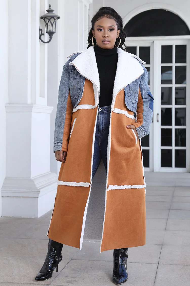 Patchwork Fur & Denim Coat Long Outerwear