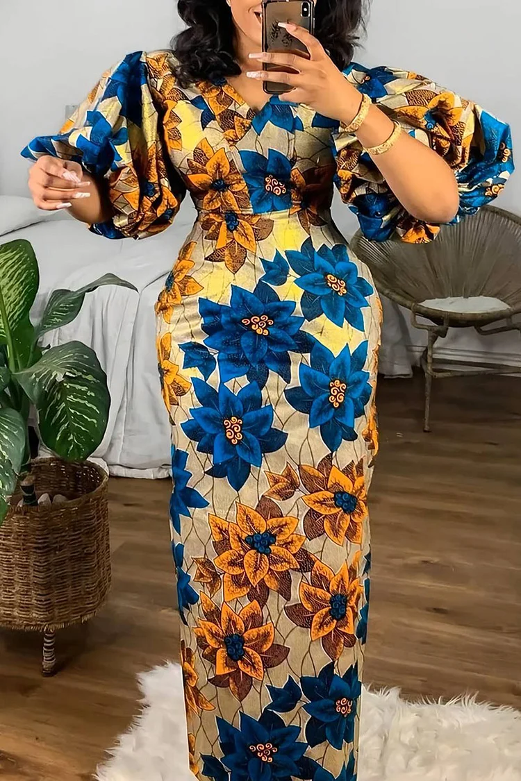 Blue Vintage Elegant Print Patchwork V Neck Evening Dress Dresses