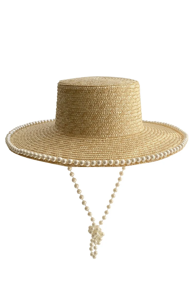 1950s Beige Vacation Imitation Pearl Chain Straw Weaved Hat