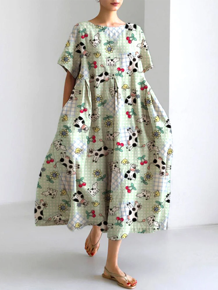 Comstylish Women's Farm Animals Print Linen Blend Casual Dress