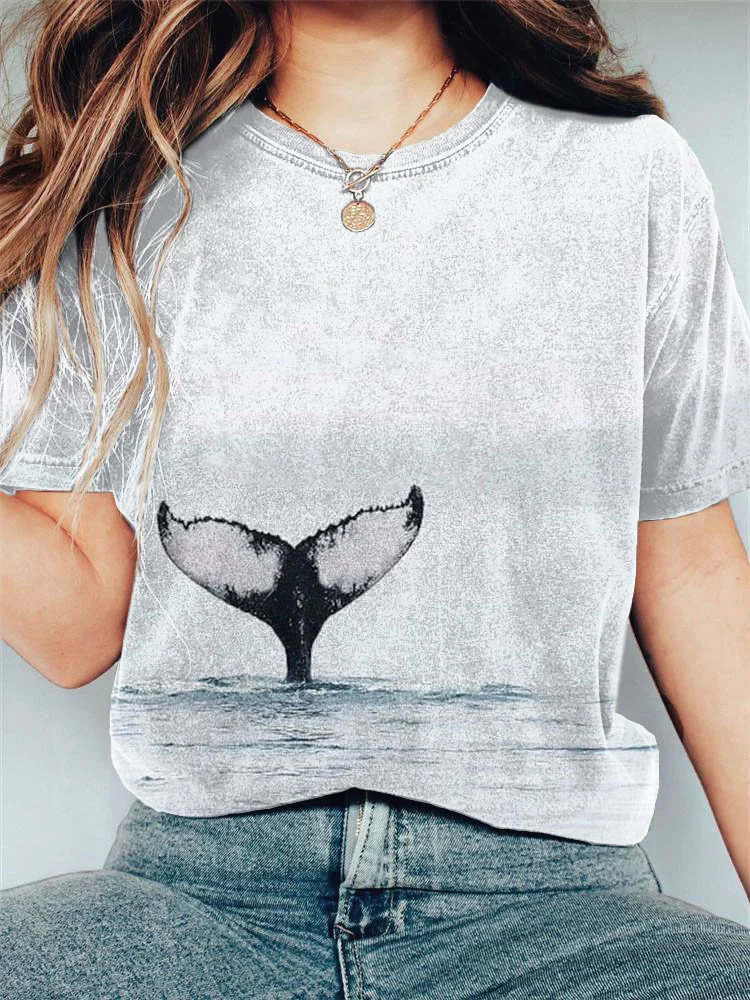 Comstylish Whale Tail Art Print Casual Cotton T-Shirt