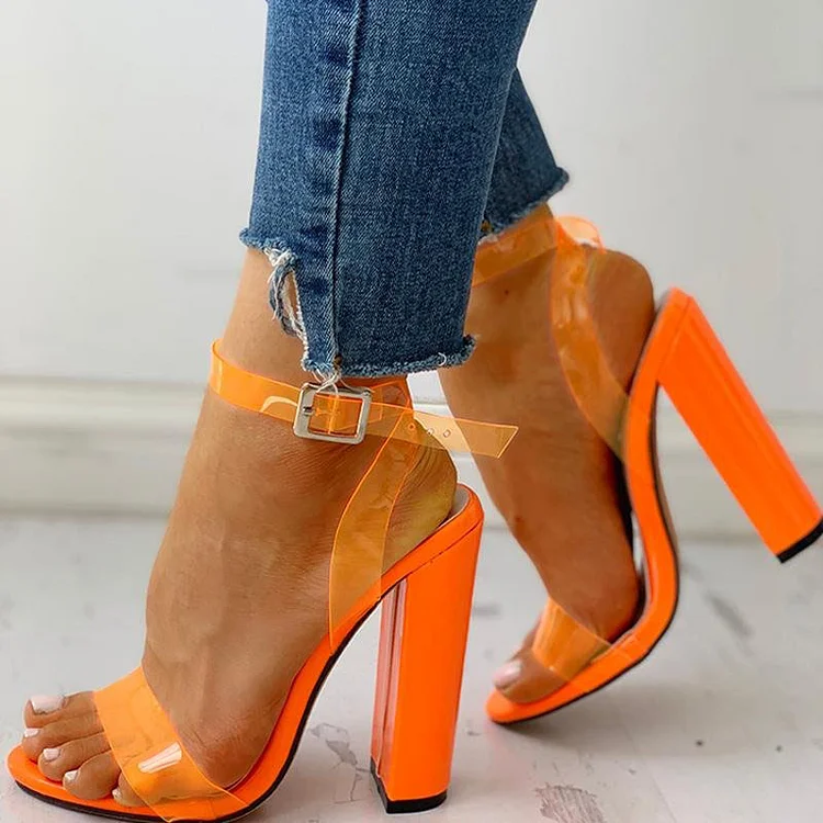 Orange Transparent Heels Classic Ankle Strap Sandals Chunky Heel Shoes |FSJ Shoes