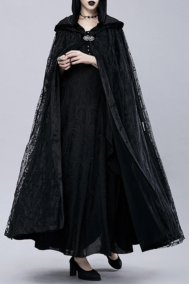 Medieval Black Halloween Lace Flower Layered Cloak