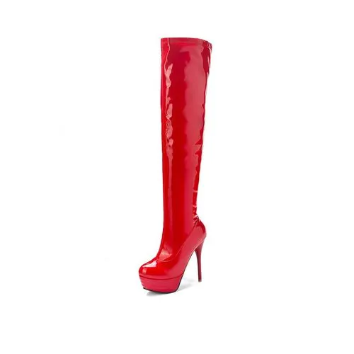 VCSHOES Patent Leather High Heel Platform Thigh High Boots