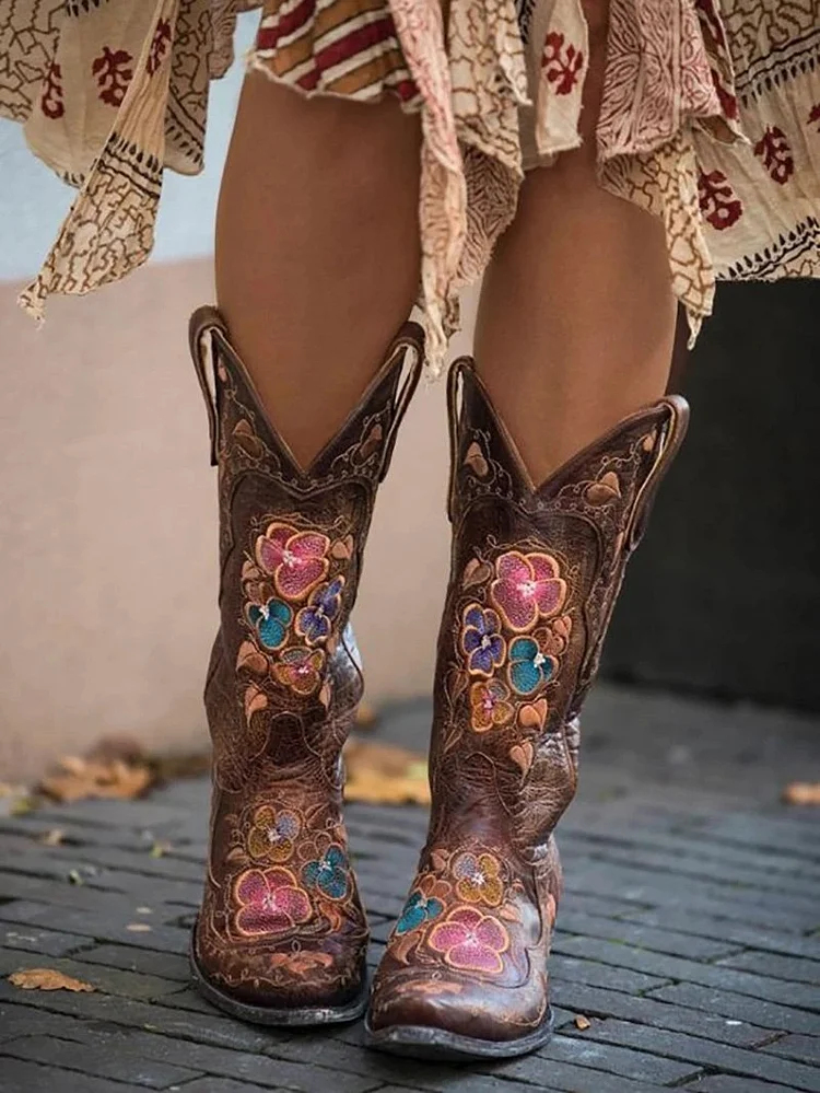 Women's Vintage Embroidered Flower Mid Boots  Stunahome.com