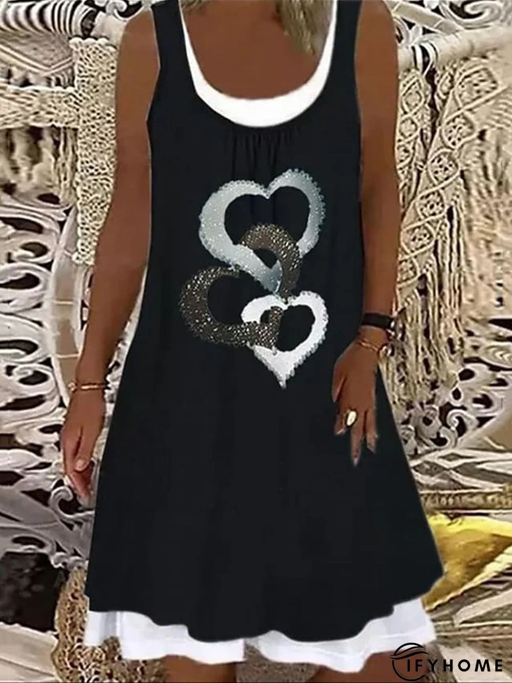 Women's Casual Dress Shift Dress Slip Dress Mini Dress Black And White Black White Sleeveless Heart Fake two piece Winter Fall Spring U Neck Fashion Daily 2023 S M L XL XXL 3XL | IFYHOME
