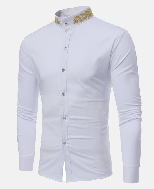Elegant Plain Embroidery Mock Neck Long Sleeve Slim Fit Shirt