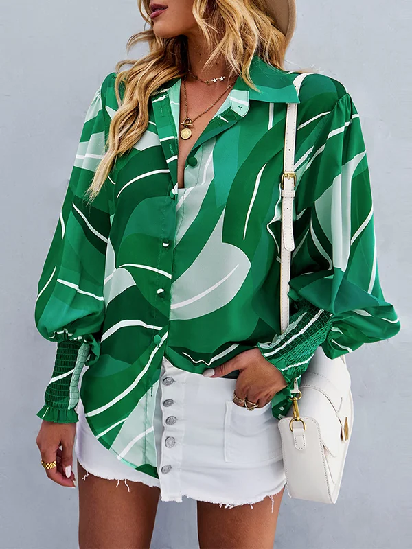 Long Sleeves Loose Buttoned Elasticity Printed Lapel Blouses&Shirts Tops