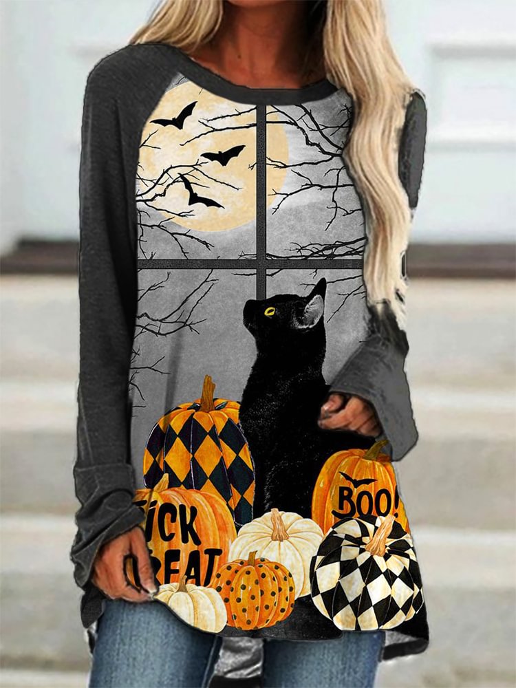Vefave Halloween Black Cat Window A Line T Shirt