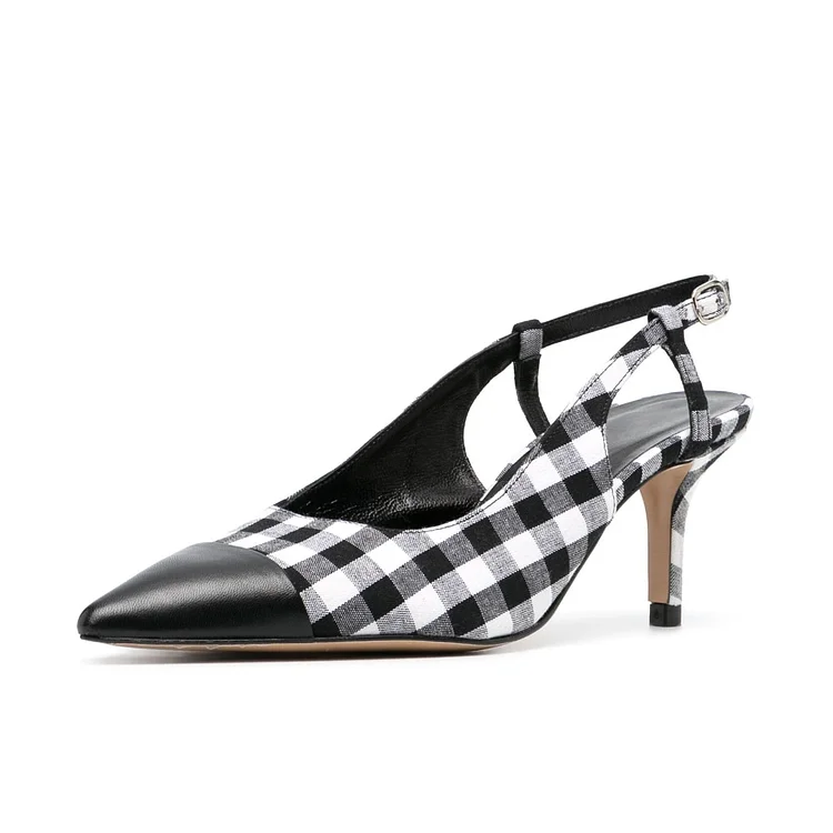 Elegant Black Slingback Pumps Women'S Pointed Toe Kitten Heels Office Plaid Shoes |FSJ Shoes