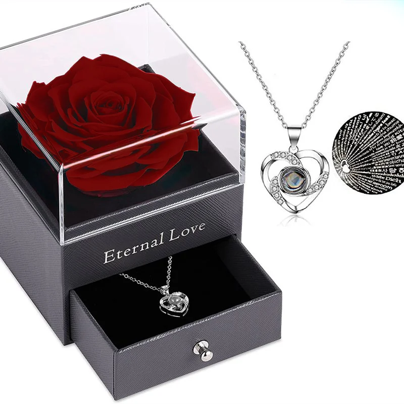Vangogifts Eternal Preserved Real Rose with ‘I Love You in 100 Languages‘ Necklace Set
