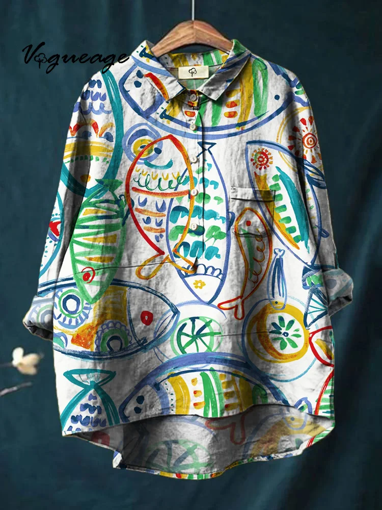 Color Line Fish Printed Cotton And Linen Shirt